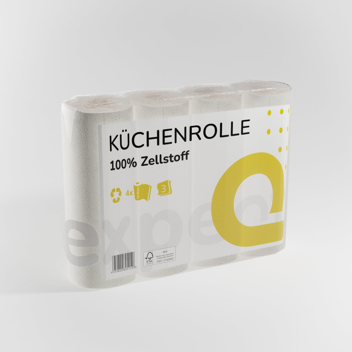 Küchenrollen, 3-lagig, 50 Blatt, 4 Rollen, Zellstoff, hochweiß